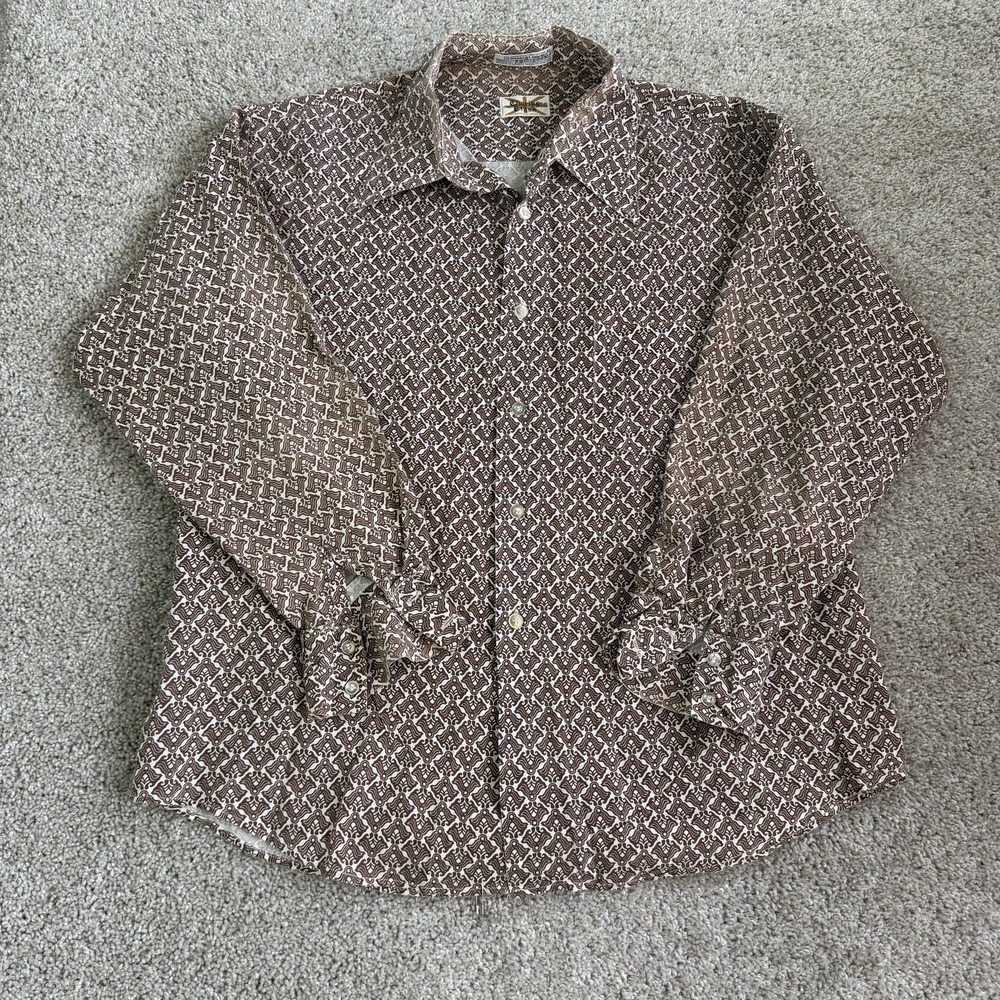 Vintage Charing Cross Shirt Mens XL Brown Geometric Long Sleeve Button Up Casual